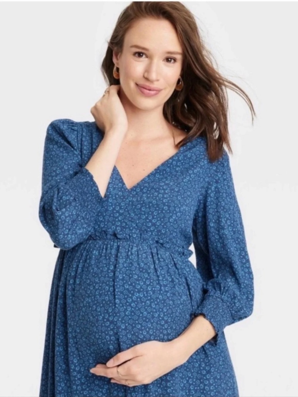 The Nines by HATCH Smocked Blue Print Maternity Dress X-Large Stretch Lined